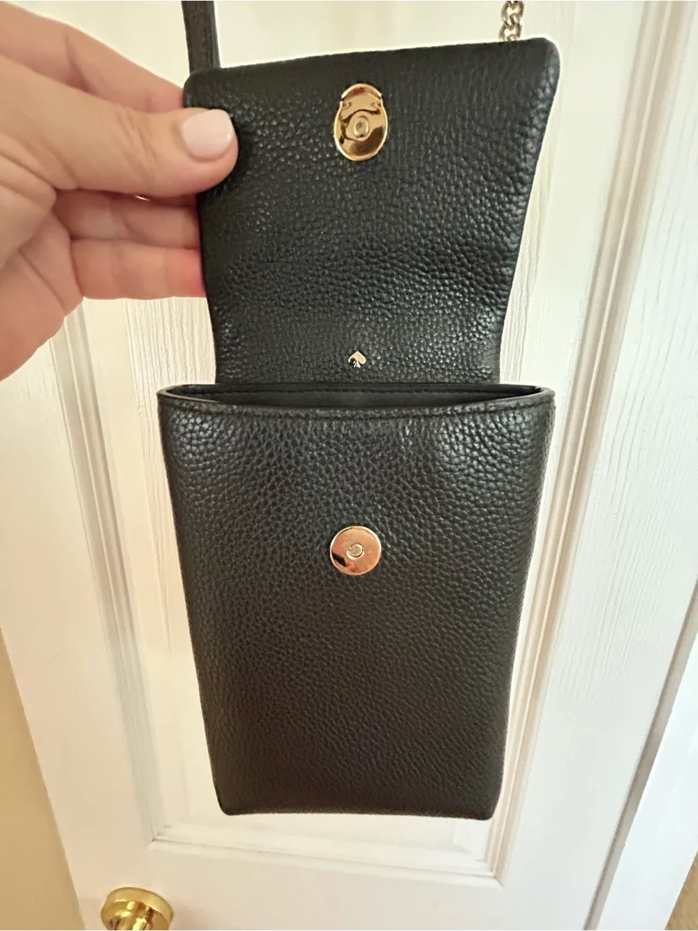 kate spade black pebbled leather phone crossbody with gold chain